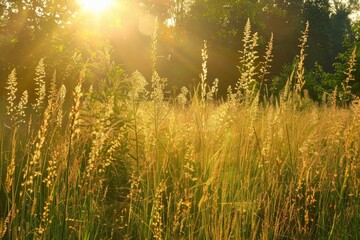 Sticker - Sunlight shines on tall grass in a field, Gentle sunlight filtering through a field of tall grass