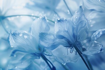 Poster - Detailed view of blue flowers with water droplets on petals, showcasing intricate patterns and textures, Gentle whispers of blue creating a soothing atmosphere