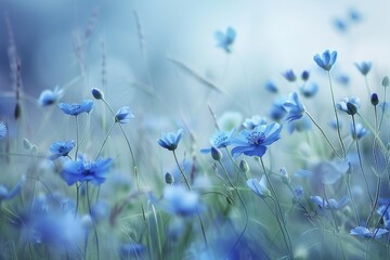 Poster - View of a field filled with vibrant blue flowers under a clear sky, Gentle whispers of blue creating a soothing atmosphere