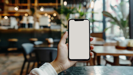 Mockup woman's hand holding using smart phone with white blank screen at coffee shop, mobile app design and advertising, online marketing