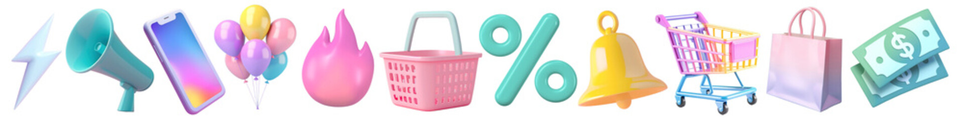 3d pastel shopping png cut out element set