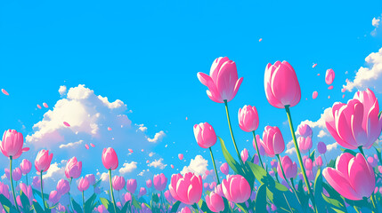 Wall Mural - Tulip flowers and blue sky, depicted in anime and manga style.