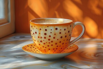 Coffee cup with saucer sits on a table against a backdrop of an orange wall