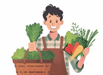 Young farmer holding a basket of fresh vegetables with a cheerful smile