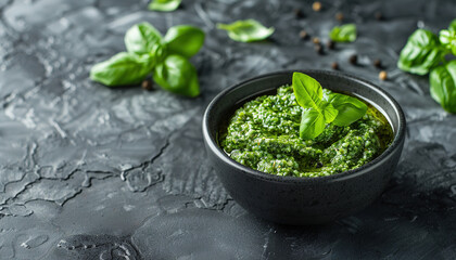 Poster - Pesto in bowl on dark marble table , with empty copy Space 