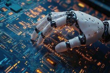 Poster - Robot hand working on motherboard analyzing data in futuristic environment