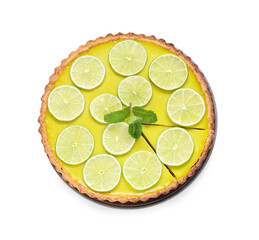 Sticker - Plate of tasty lime tart with mint on white background