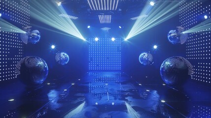 Disco Dance. Three-Dimensional Blue Dance Floor with Mirror Balls and Backlight