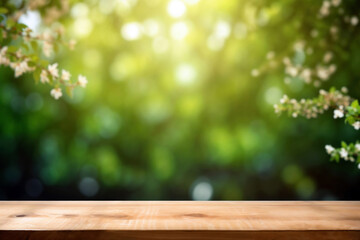 Poster - Empty wooden tabletop with a blurred green nature background of springtime blossoming trees