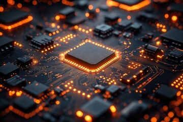 Leinwandbilder - Modern cpu processor illuminating with orange light on circuit board