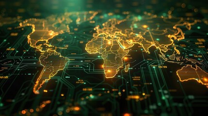 Poster - Global connection: world map forming on futuristic circuit board