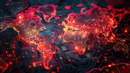Leinwandbilder - World map forming on a circuit board representing global network and communication