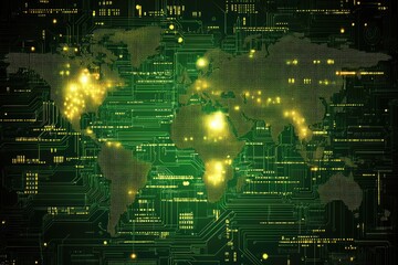 Leinwandbilder - World map digital tech circuit board background