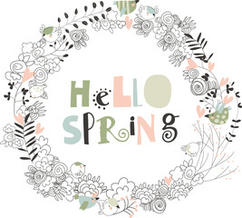 Wall Mural - Cartoon spring floral wreath on white background. Vector illustration