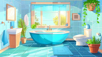 Bathroom interior background for game design, featuring a home room with a bathtub and faucet, toilet, washbasin, plants, towels, hygiene equipment, and windows on the wall, all set on a tiled floor.