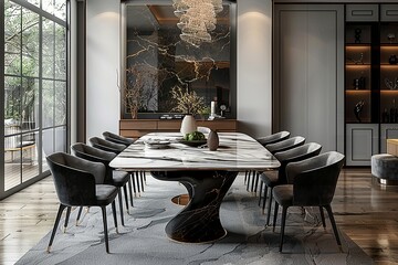 Wall Mural - Large elegant dining table is surrounded by a black chairs, set with a vase, a bowl, and a potted plant. Living room is well-lit and has a modern, sophisticated feel