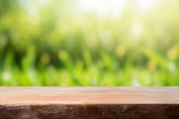 Poster - Empty wooden tabletop with space for product placement on blurred green nature background
