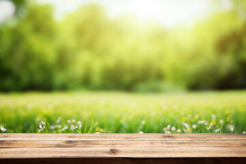 Poster - Wooden table with blurred view of a green park with lush grass and trees