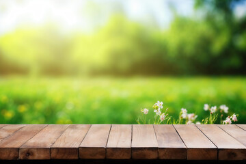 Poster - Empty wooden tabletop with blurred green park background, displaying your product