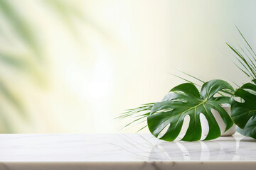 Wall Mural - Monstera leaves on white marble table top with copy space background