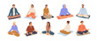© Paper Trident - Yogis meditate set. Different people practice breathing, mental harmony, zen balance exercises. Men and women sit in yoga asanas, lotus pose. Flat isolated vector illustrations on white background