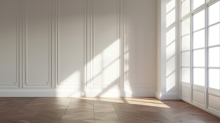Poster - Sunlight casting shadows from window on white wall in empty room