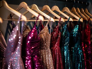 Gorgeous sequined evening dresses elegantly exhibited in a luxurious fitting room setting