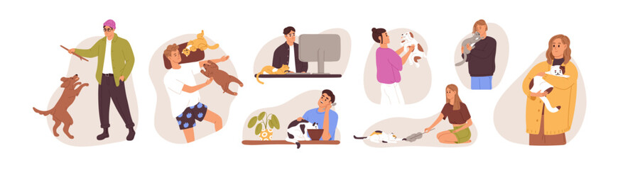 Wall Mural - People with cute pets set. Happy owners and their domestic animals sleep, work, play, walk together. Men and women love, care about cats, dogs. Flat isolated vector illustrations on white background