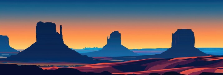 Poster - Silhouettes of Monument Valley at Sunset with Desert Illumination