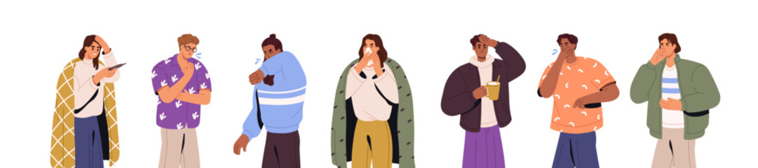 Sick people set. Unwell men, women with fever, cold. Unhealthy characters ill with symptoms of influenza, virus, flu, grippe. Sneeze, cough, running nose. Flat isolated vector illustrations on white