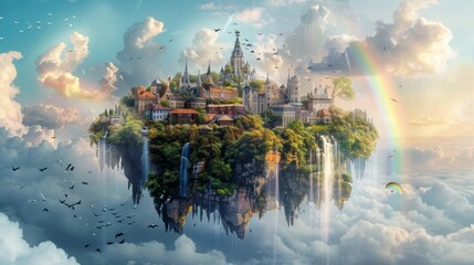 island with many buildings floating in the sky surrounded by birds and there are rainbows and waterfalls on the island