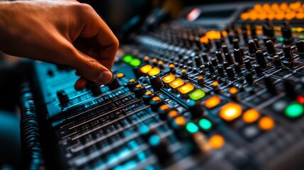 Wall Mural - A hand carefully adjusts the knobs on a vibrant mixing console, enhancing sound quality during an engaging music production session