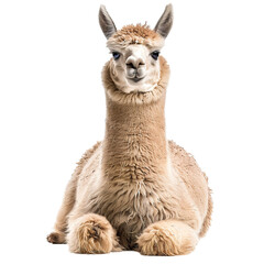 Young alpaca sitting on the ground, looking forward, isolated on white background