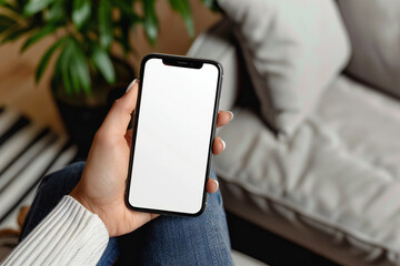 Hand holding smartphone with blank screen in cozy living room