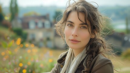 Wall Mural - Young Woman With Long Hair Outdoors in a Floral Field During a Sunny Day