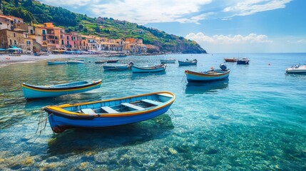 Wall Mural - gorgeous beaches and locations in Calabria Town of Scilla with traditional fishing vessels