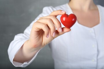 Canvas Print - Doctor holding red heart on grey background, closeup