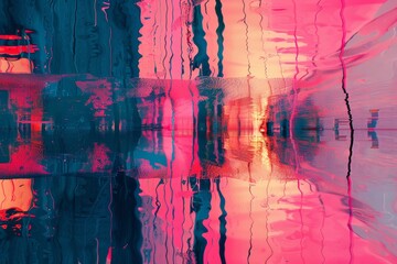 Canvas Print - Glitched lines and distorted colors create an abstract painting dominated by pink and blue hues, Glitched lines and distorted colors