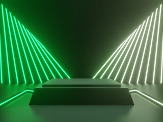 Wall Mural - Black geometric podium with gradient green neon lights.