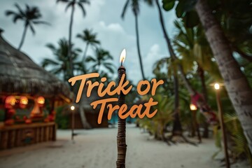 Wall Mural - Tropical Halloween Collage: Images of a Halloween celebration on a tropical island with palm trees, tiki torches, and beach decorations. The text 