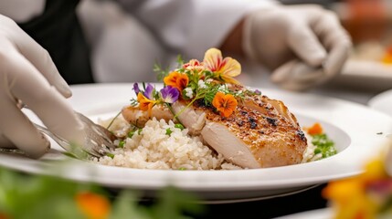 Wall Mural - A chef's plating of rice with roasted chicken, accented with edible flowers.