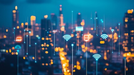 Fototapete - A city skyline with digital icons representing wireless communication networks.