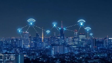 Fototapete - A city skyline with digital icons representing wireless communication networks.