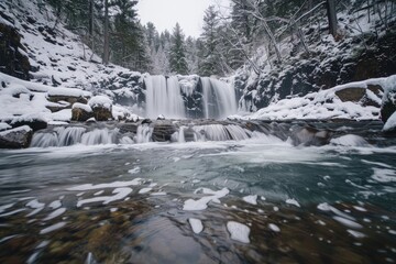 Wall Mural - a small waterfall in the middle of a snowy forest