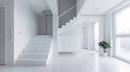 Wall Mural - Minimalist white house interior with modern staircase leading to the second floor