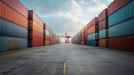 Container yard adjacent to a commercial dock, filled with shipping containers.