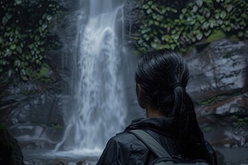 Wall Mural - a woman standing in front of a waterfall