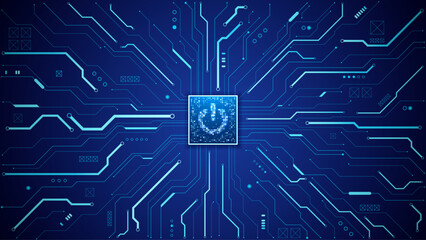 Wall Mural - abstract cpu processor or semiconductor with power icon with glowing pixels on technology circuit bo