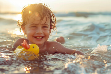 Canvas Print - Lovely small kid having fun time with family weekend at tropical summer beach made with Generative AI