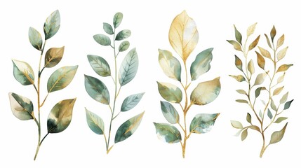Gold Plant. Watercolor Illustrations of Greenery and Gold Elements for Nature-themed Wedding Invitations